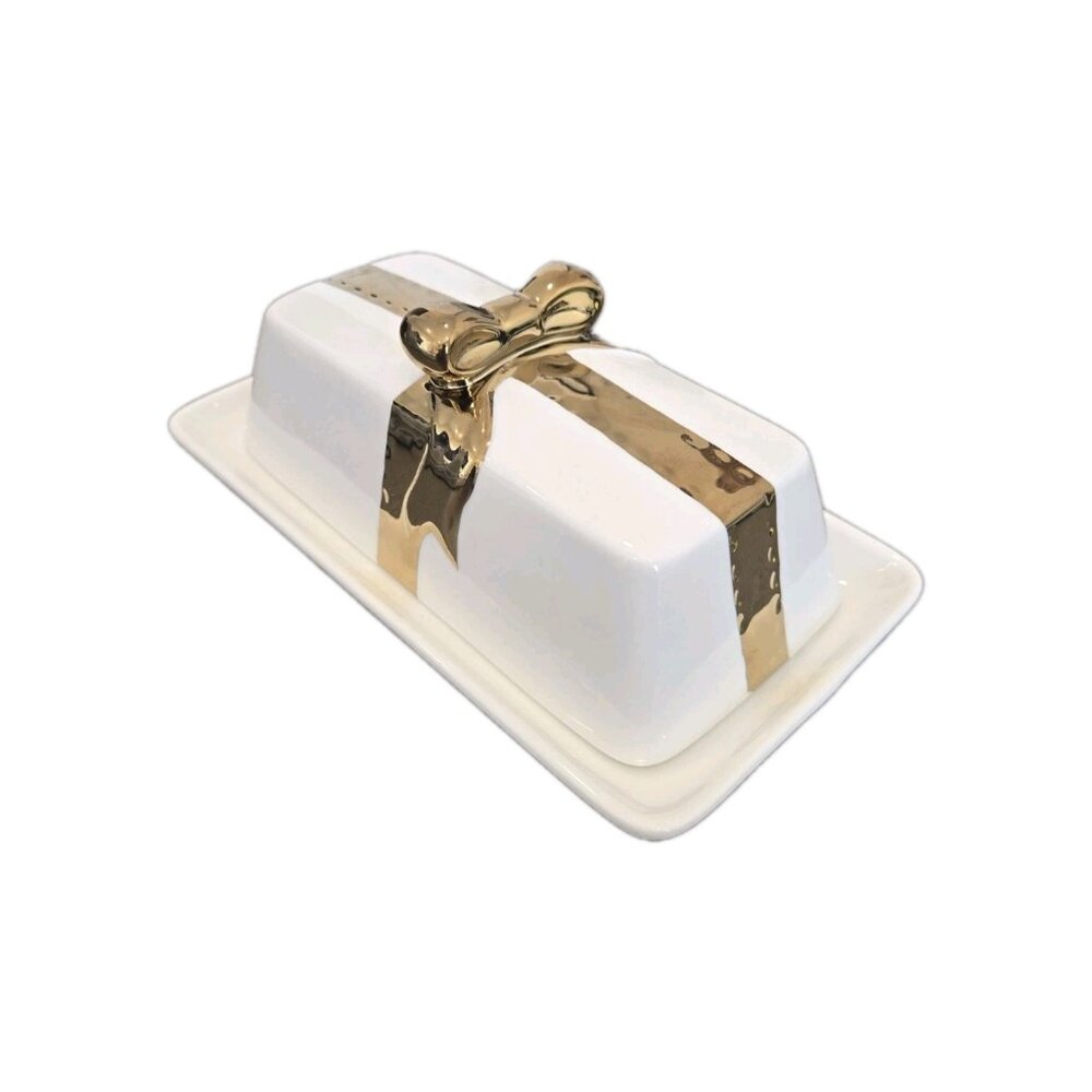 New White & Gold Porcelain Holiday Christmas Present W/ Bow Kitchen Butter Dish - Picture 4 of 5